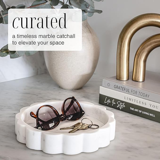 White Scalloped Marble Tray - 8" Round Stone Vanity Tray for Perfume & Jewelry, Marble Dish for Bathroom Countertop & Kitchen Counter, Decorative Tray for Bathroom & Kitchen, Modern Catchall