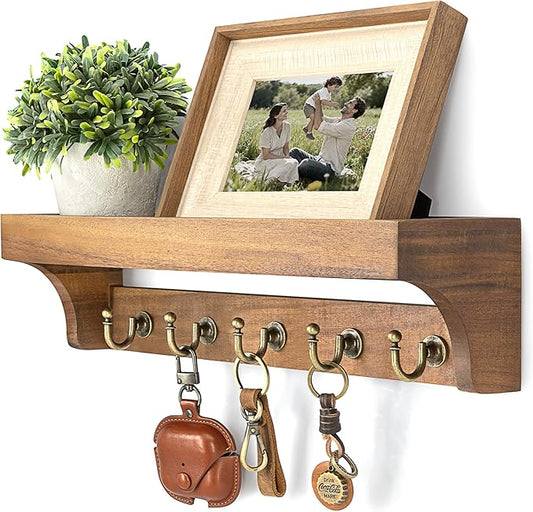 Rebee Vision Acacia Wood Farmhouse Key Holder Wall Mount for Room Decor – Retro Key Holder for Wall with Shelf for Cute Things– Stylish Home Storage for Apartment Essentials (Acacia Wood)