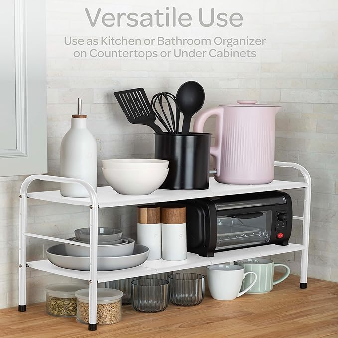 Under Sink Organizer - 2 Tier Adjustable Shelf Organizer with 8 Removable Panels - Kitchen or Bathroom Under Sink Organizers and Storage by Home-Complete (White)