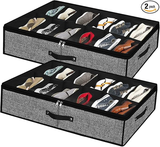 Under Bed Shoe Storage Organizer for Closet 2 Pack- Fits 24 Pairs Underbed Shoes Container Boxes with 2 Sturdy Handles and Clear Window,Foldable Shoe Rack Holder,Black
