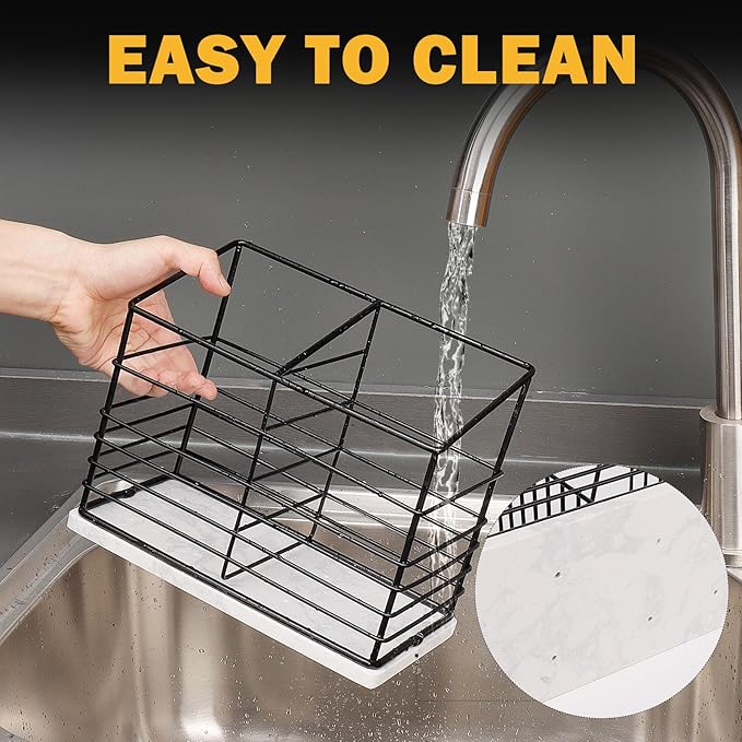 Utensil Holder for Kitchen Counter, Metal Utensil Holder Rack for Kitchen Countertop, Cooking Tools Storage for Spatula, Utensil Organizer with Marble Base, and Drainage Hole (Black Marble)