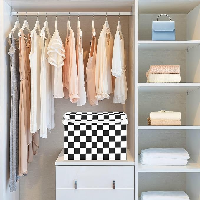 Collapsible Storage Bins with Lids Decorative Fabric Storage Cubes Closet Organizer and Storage Basket Boxes Containers for Clothes Box Chest Nursery Folding Rectangle Black White Checkered