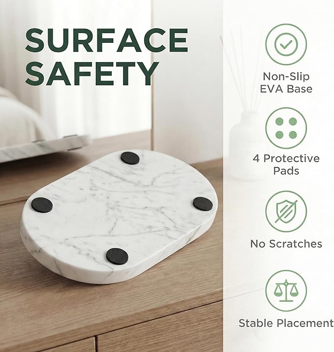 YKAJO 11.6" x 5.9" Oval Real Marble Tray for Bathroom & Kitchen Counter â 100% Natural Stone Decorative Vanity Tray for Dresser & Perfume â Heavy Catchall Organizer for Soap & Jewelry, White Gray