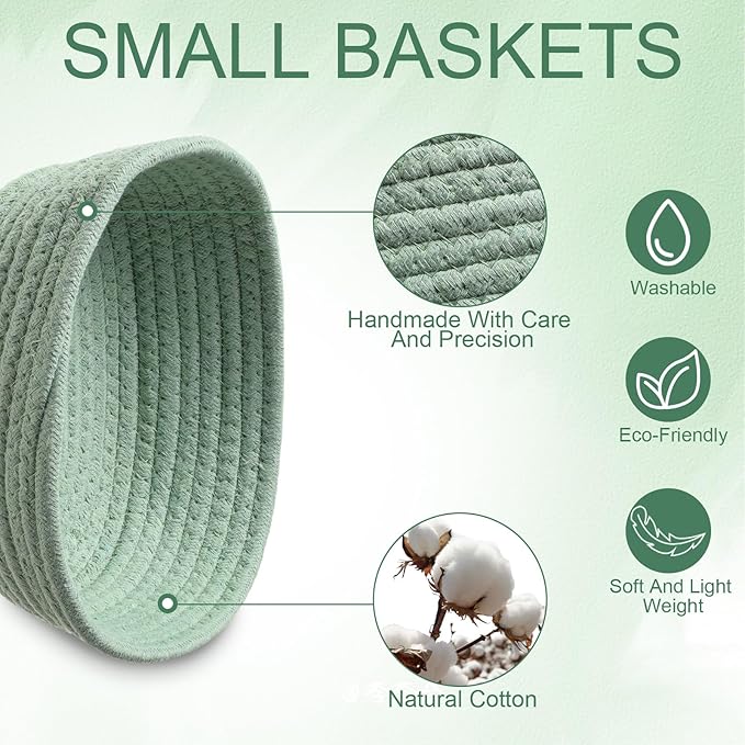 4 Pcs Small Storage Cotton Rope Woven Baskets for Gifts Empty Boho Shelf Closet Storage Baskets Gift Cute Baby Basket for Nursery Basket Easter Decorative Storage Bins for Living Room Bedroom(Green)