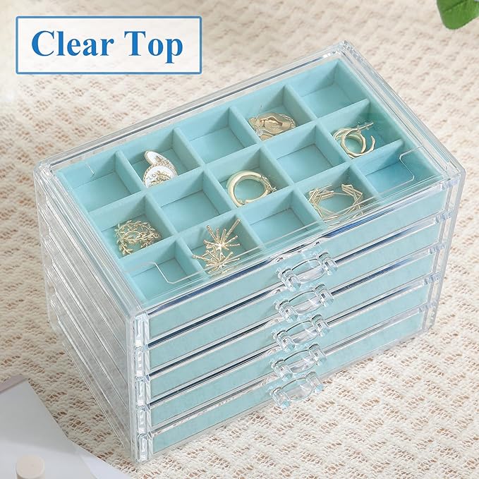misaya Earring Jewelry Organizer, 5 Drawers Clear Acrylic Jewelry Box for Women, Velvet Earring Display Holder for Earrings Ring Bracelet Necklace, Birthday Present, Turquoise