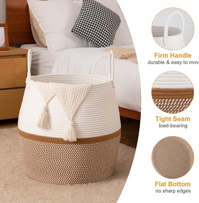 OIAHOMY 80L Blanket Basket with Handle, Storage Basket for Living Room, Laundry Hamper for Clothes, Towels, Pillows, Toy Storage for Kids and Dogs, Baby Hamper for Nursery - Brown & White