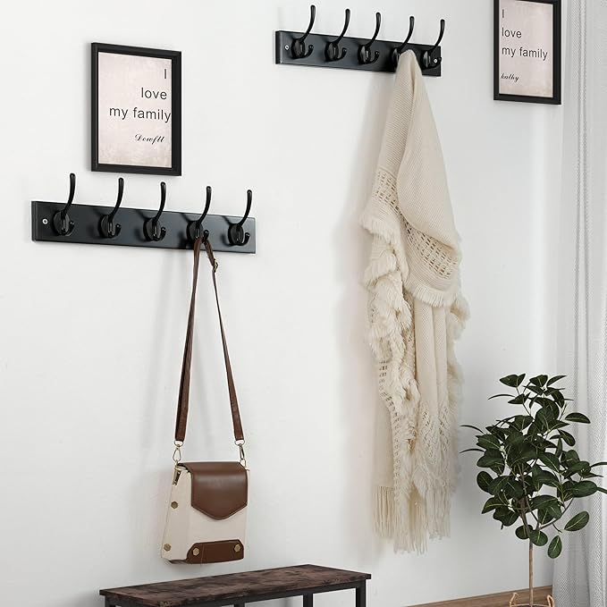 Dseap Wall Mounted Coat Rack: 16" Hole to Hole, Coat Hook Hanger with 5 Metal Hooks for Hanging Coats Towels Hats Clothes, Black, 2 Packs