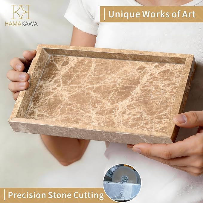 Large Bathroom Vanity Tray, Real Natural Marble Tray 12 inch, Emperador Light Marble Stone Toilet Tank Trays, Modern Dresser Trays, Countertop Organizer for Kitchen Counter, Soap Dispenser