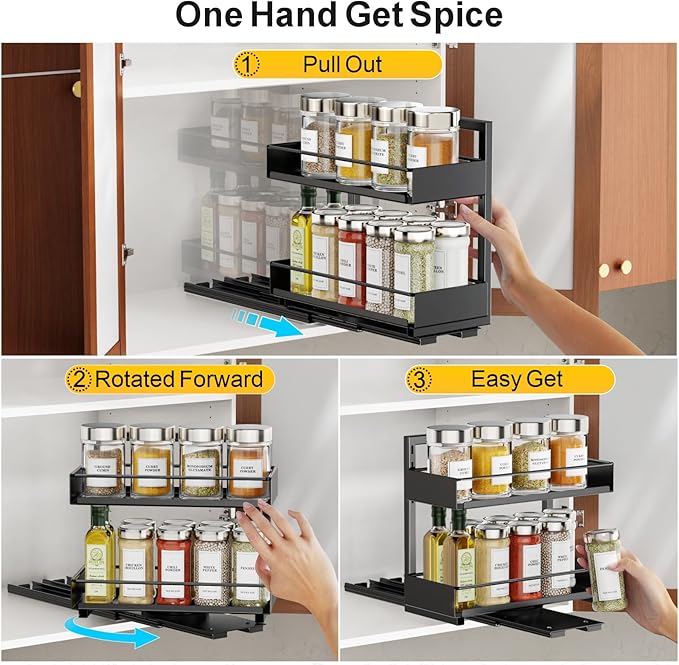 iSPECLE Spice Rack Organizer for Cabinet - 1 Pack Rotate Pull Out Spice Racks for Easy Access, Adjust Height to Fit 4 oz to 8 oz Spice Jars, Peel and Stick, 10.2" D for Inside Cabinet