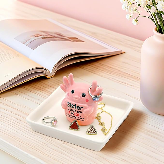 Sister Birthday Gifts for Sister, Axolotl Ring Holder Dish Jewelry Holder for Rings Bracelets Earrings Pink Room Decor Athestic Organiser, Mother's Day Birthday Wedding Valentine's Gifts for Women