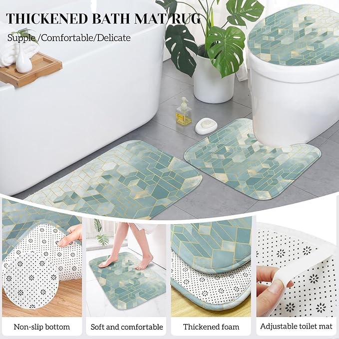 Lnond Blue Green Bathroom Set, Blue Green Abstract Cubes Bathroom Accessories Sets Complete, Luxury Restroom Set with Shower Curtain and Rugs, Trash Can, Toilet Brush Holder Set & Soap Dispenser