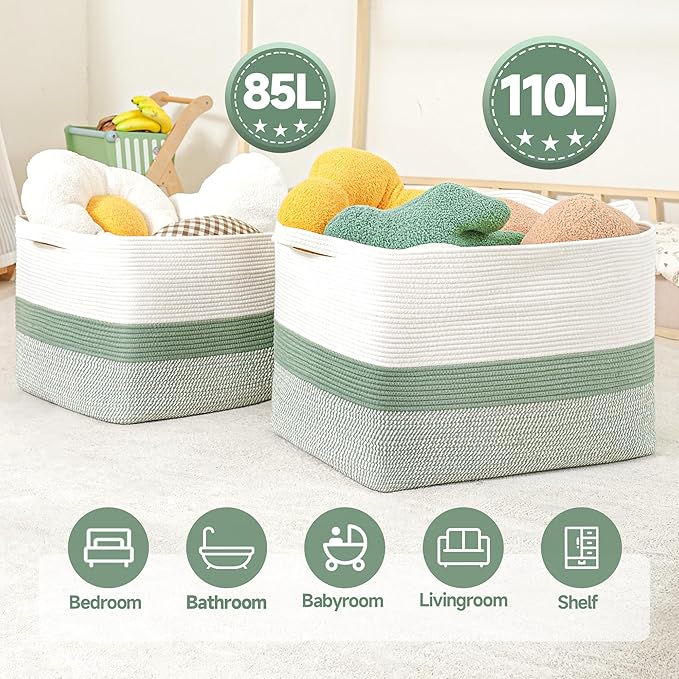 CLHMILY&Z Stylish Square Cotton Rope Storage Basket (Green & White, 85L)
