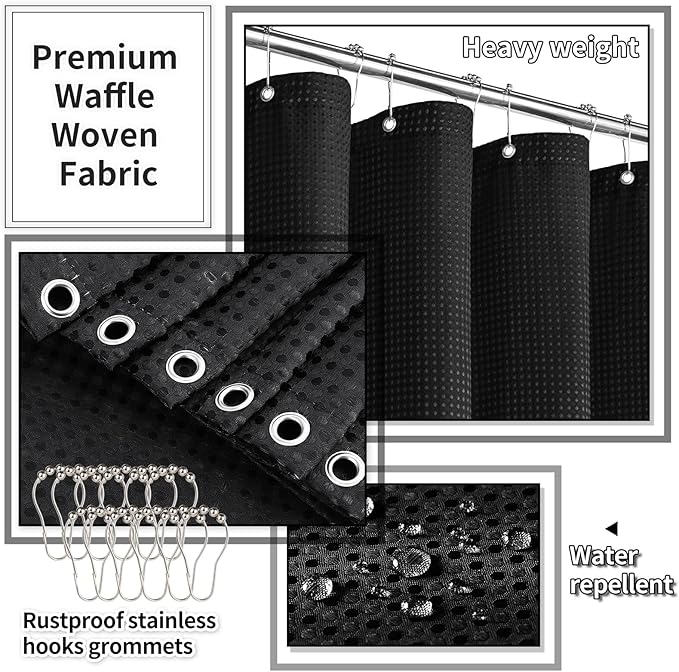 Bathroom Set with Shower Curtain and Rugs- 25PC Bathroom Accessory Set, Black Shower Curtain Set, Toilet Brush, Trash Can, Qtip Holder & Soap Dispenser