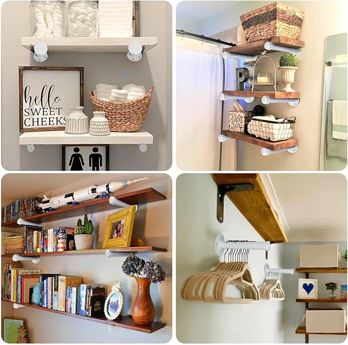 6 PCS Industrial Pipe Clothes Bar 12 Inch - Pipe Clothing Rack Wall Mount - Face Out Closet Rods for Hanging Clothes Commercial Retail Boutique Laundry Shirt Display - White