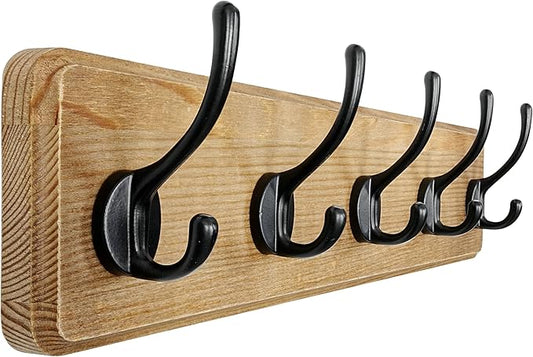 Dseap Coat Rack Wall: Patented, Heavy-Duty, 17.4" Long 5-Double-Hooks Wooden Wall Mounted Coat Rack Coat Hanger Hook Rail for Winter Coats Hat Jacket Clothing, Weathered Brown