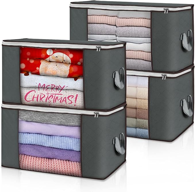 Large Storage Bags, 4 Pack Clothes Storage Bins Foldable Closet Organizers Storage Containers with Durable Handles Thick Fabric for Blanket Comforter Clothing Bedding 90 L (Gray)