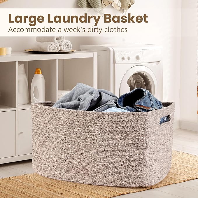 95L Large Blanket Basket, Woven Storage Baskets with Reinforced Handles, Rope Laundry Basket for Living Room, Bedroom, Nursery, Toys, Clothes,Pillows, 24â x 17â x 13.5â, Brown
