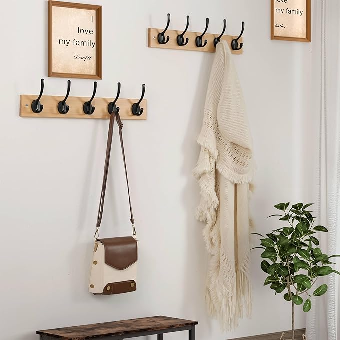 Dseap Wall Mounted Coat Rack: 16" Hole to Hole, Coat Hook Hanger with 5 Metal Hooks for Hanging Coats Towels Hats Clothes, Natural & Black, 2 Packs