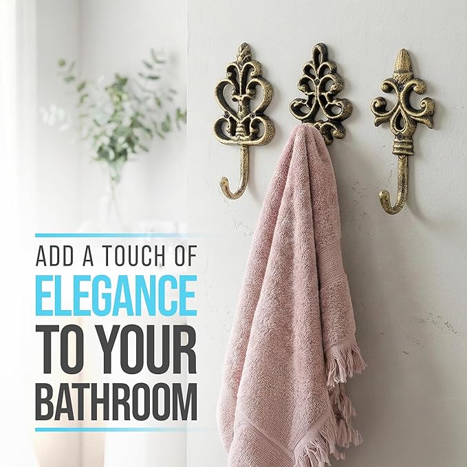 Comfify Shabby Chic Decorative Wall Hooks - Set of 3 - Cast Iron French Country Wall Decor - Farmhouse Hangers for Coats, Purses and More - Gold with Black