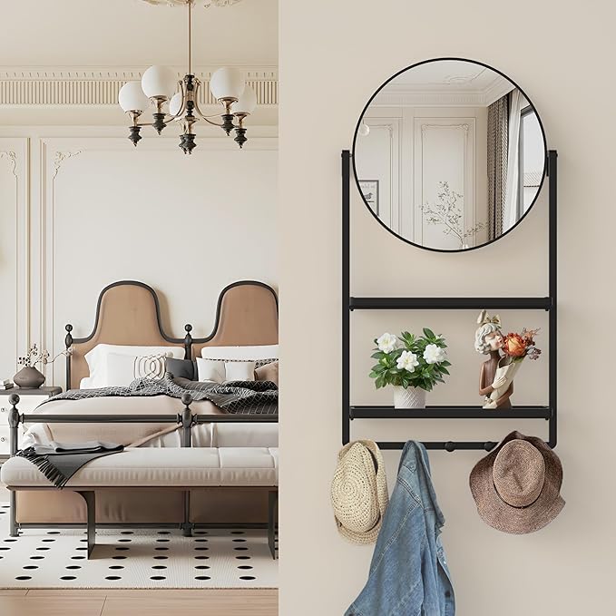 WONSTART 39.5" × 21.7" Black Round Wall Mirror with Shelf and Hooks, 10° Adjustable Tilt Metal Frame Bathroom Mirror with Shelf for Bedroom, Entryway, Living Room
