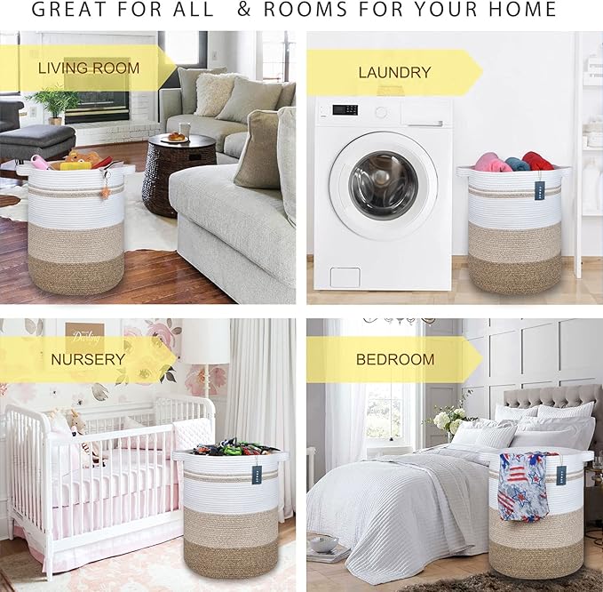COMSE Extra Large Blanket Basket, Tall Laundry Basket, Nursery Hamper, 15.7âx 21.7â, Cotton Rope Woven Laundry Hamper for Storage Toys Clothes Towels, Gradient Brown