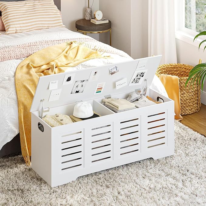 DINZI LVJ Storage Chest, 47.3â Wooden Toy Box with 2 Safety Hinges, Retro Entryway Shoe Storage Bench with Flip-Top, Sturdy Large Storage Trunk for Living Room, Bedroom, Easy Assembly, White