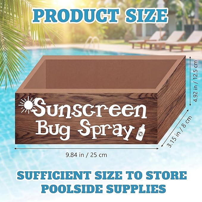 Sunscreen Bug Spray Storage Basket Summer Beach Wooden Box with 3 Compartment Dark Brown Toilet Tank Tray for Indoor Outdoor Swimming Pool Decor Sunblock Sunglasses Pool Toy Storage Basket