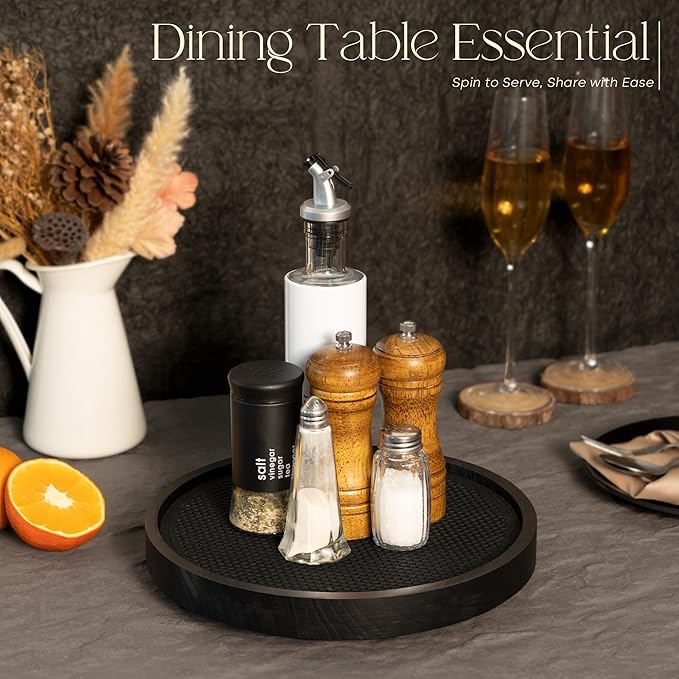 EOSAHR Non-Skid Wooden Lazy Susan Turntable for Cabinet â Chic 10.5" Lazy Susan Turntable and Bathroom Tray for Bathroom Decor & Coffee Table - Ideal for Home and Kitchen (Black)