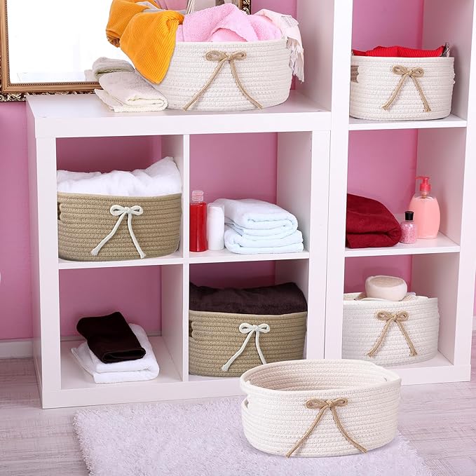 Breling 3 Pieces Bow Laundry Baskets with Coquette for Kids,Basket Bow Woven Gift Baskets with Handles for Living Room Toys Organizer,Girls Nursery Playroom, Pet Toy Basket(Khaki, White)