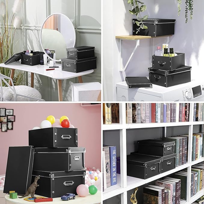SEEKIND Storage Box, Decorative Storage Bins with Lid,3 in 1 Set,Plastic,with Handles,Press-Stud Fastening,Moisture-proof,Foldable for Space Saving Storage,for Clothes,Cosmetic,Blankets (Black) …