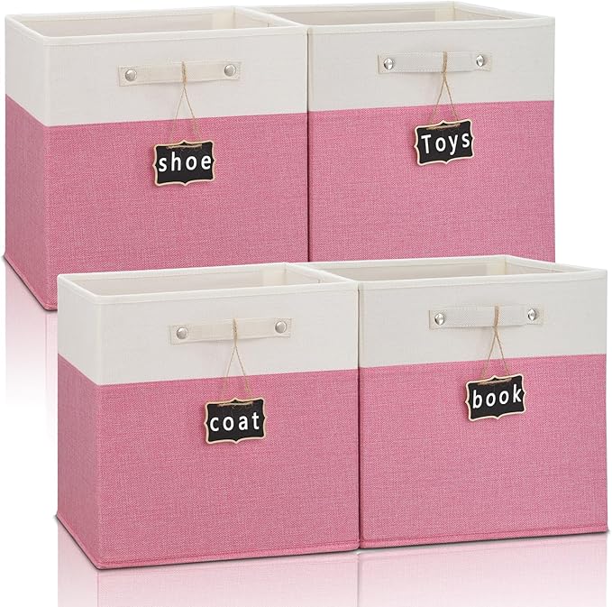 Foldable Fabric Storage Cubes 4 Pack - 13x13x13 - Linen Cubes for Kallax Shelves (White, Pink) with Labels