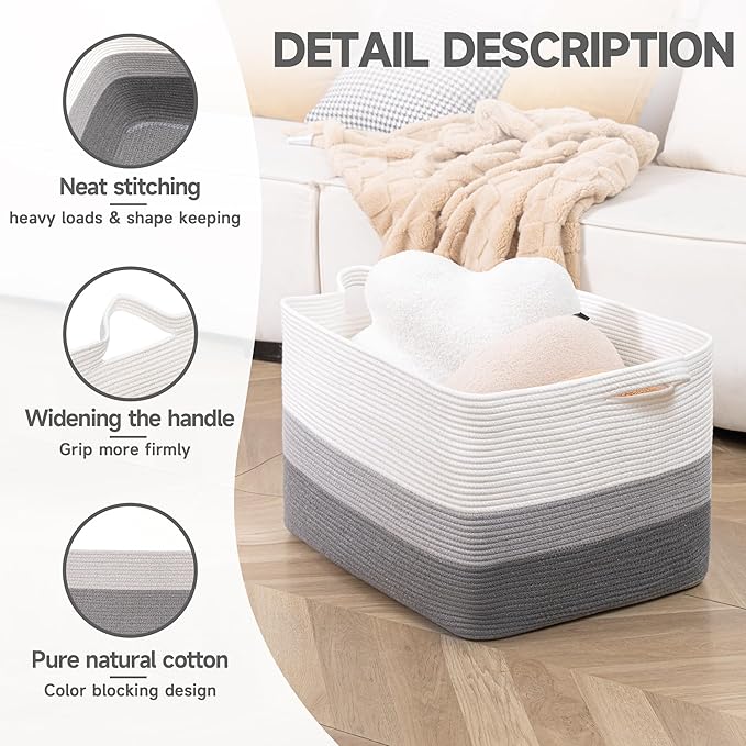 CLHMILY&Z Stylish Square Cotton Rope Storage Basket (Grey & White, 85L)