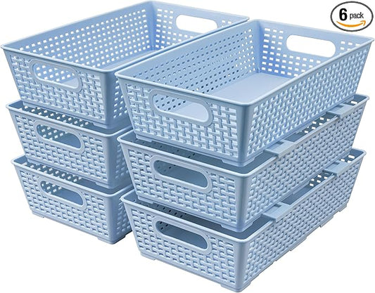 Tiawudi Stackable Woven Plastic Basket, Storage Bins for Cabinet, Closet, Shelf, Under Sink and Countertop, Pantry Organizer Bins, 6 Pack