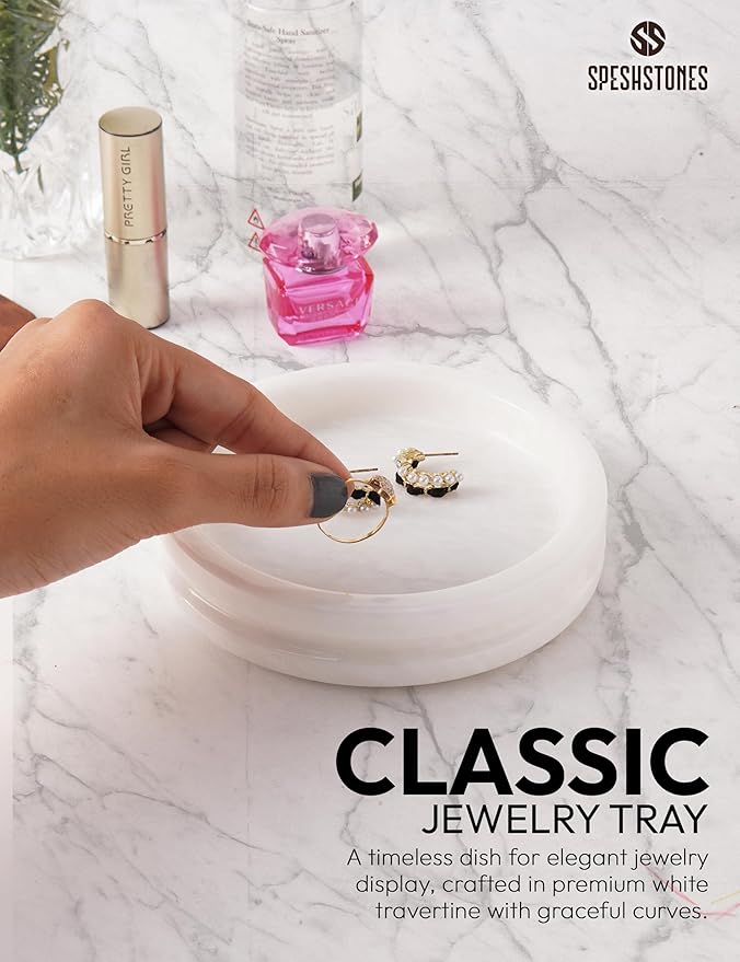 Marble Jewelry Dish 5 Inch Handmade White Jewelry Tray for Vanity Decor - Stone Trinket Dish, Marble Ring Holder, Key & Candle Plate for Entryway Table