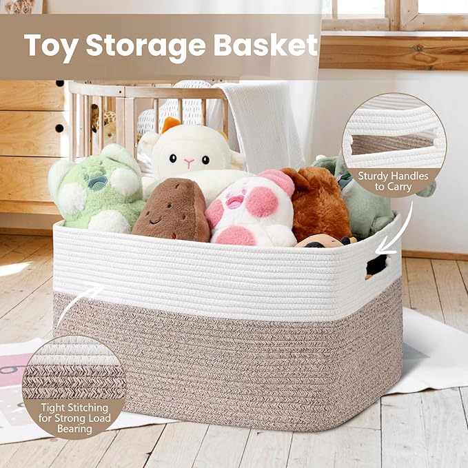 95L Large Blanket Basket, Woven Storage Baskets with Reinforced Handles, Rope Laundry Basket for Living Room, Bedroom, Nursery, Toys, Clothes,Pillows, 24â x 17â x 13.5â, White & Brown