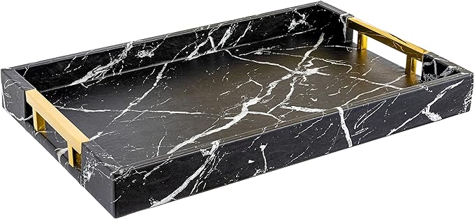 Modern Elegant 17.5"x12" Rectangle Black Marble Faux Leather Decorative Tray Ottoman Coffee Table Perfume Living Room Kitchen Serving Tray with Gold Polished Handles for All Occasion's