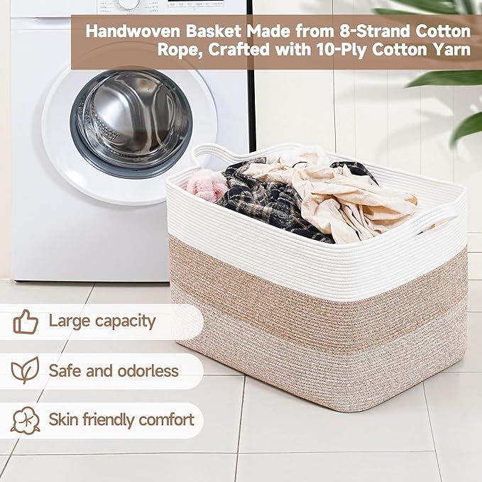 CLHMILY&Z Stylish Square Cotton Rope Storage Basket (Brown & White, 110L)