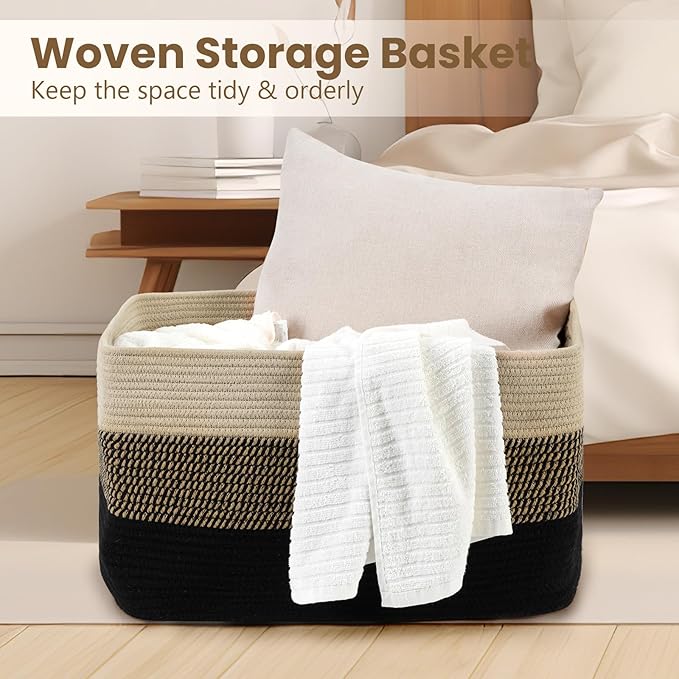 75L Large Blanket Basket, Woven Storage Baskets with Reinforced Handles, Rope Laundry Basket for Living Room, Bedroom, Nursery, Toys, Clothes, Pillows, 22â x 17â x 11.5â, Black & Brown