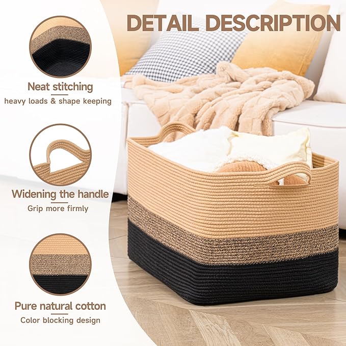 CLHMILY&Z Stylish Square Cotton Rope Storage Basket (Black & Camel, 85L)