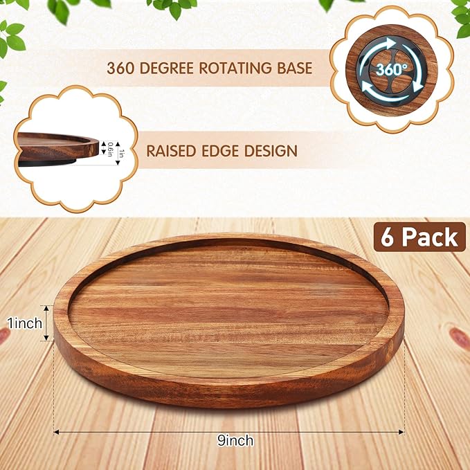 Mumufy 6 Pcs 9-inch Acacia Wood Lazy Susan Organizers Kitchen Turntable Round Lazy Susan Turntable Tray for Kitchen Counter Pantry Table Organization Cabinet Bathroom
