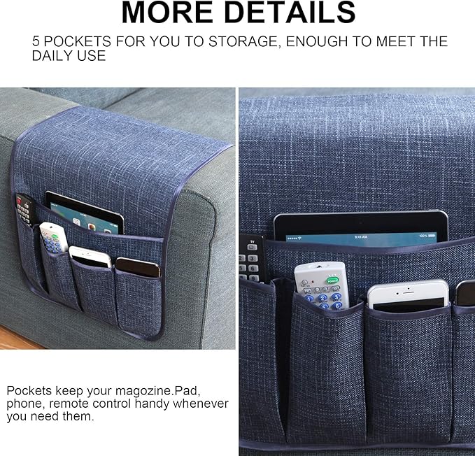 Sofa Armrest Organizer Non-Slip Remote Control Holders for Recliner Couch Chair Armchair Caddy with 5 Pockets for Table,Cell Phone,Ipad,Magazines,Books (13x35In, Navyblue)
