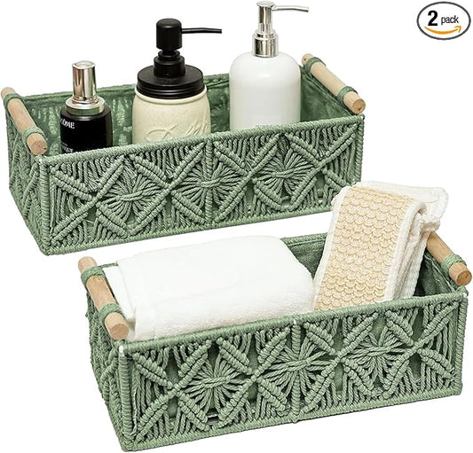 HOSROOME Macrame Boho Decor Baskets for Organizing Woven Decorative Basket for Countertop Toilet Paper Basket for Tank Top for Home Decor Bedroom Nursery Livingroom Entryway (Set of 2,Green)