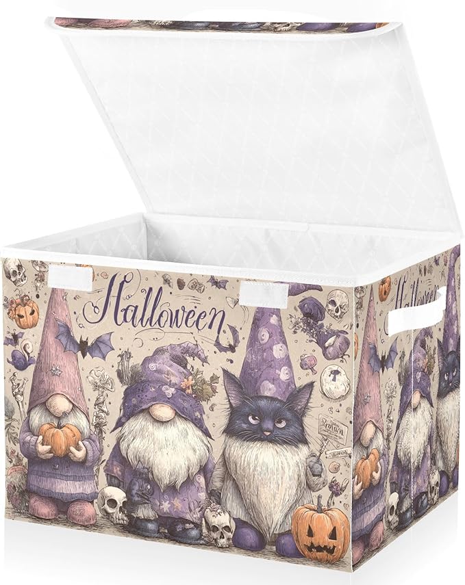Halloween Gnomes Cat Bat Beige Collapsible Storage Bins with Lids Decorative Fabric Cubes Closet Organizer Basket Boxes Containers for Clothes Box Chest Nursery F