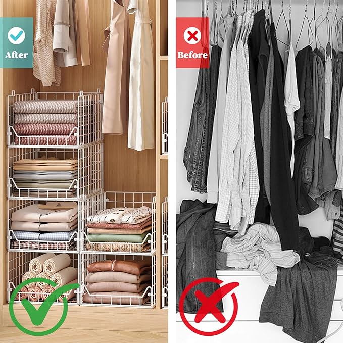 6-Tier Closet Shelf Organizer,Metal Stackable Closet Organizers and Storage,Clothes Storage Bins,Shelf Organizer Basket ,Folded Shelf Organizer for Closet Wardrobe,White