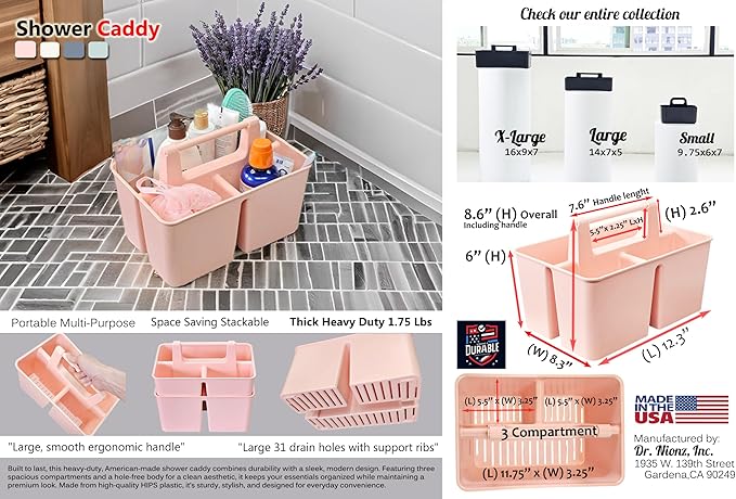 Shower Caddy Organizer with Handle, 3 Compartments, Portable Storage Bin for Bathroom, Dorm, Gym -Made In USA (Indie Pink)