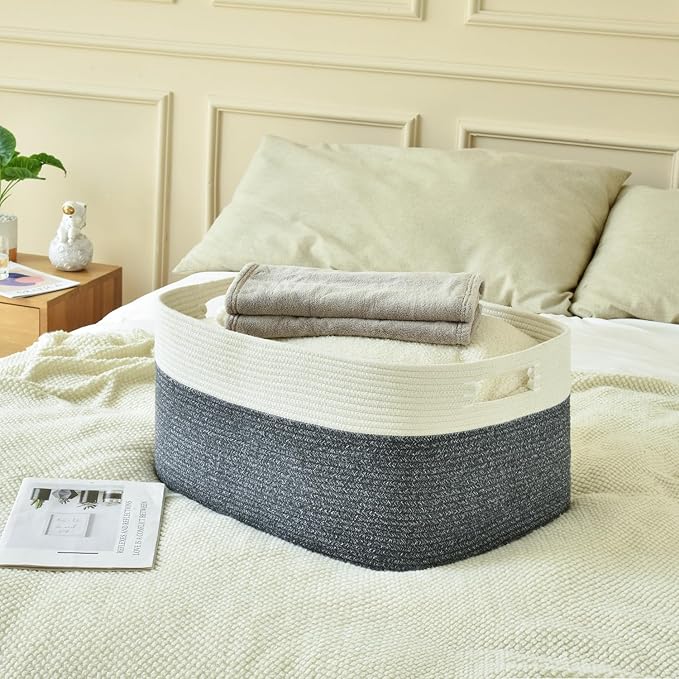 Large Blanket Basket, Rectangle Woven Baskets for Storage, Blanket Storage for Living Room, Cotton Rope Basket for Toys，Big Storage Basket for Blankets