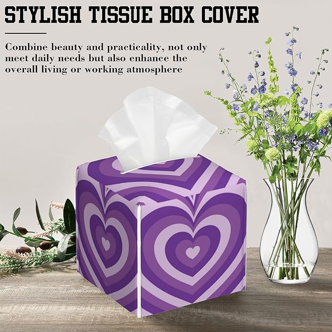 Tissue Box Holder Purple Heart Square Leather Tissue Box Cover Modern Cube Facial Paper Cover Case for Bathroom Vanity Countertop Night Stands Tabletop