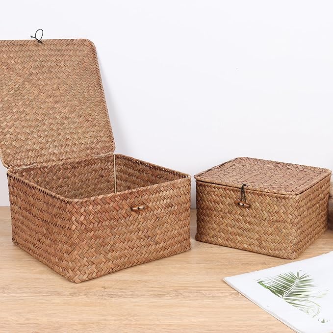 Wicker Shelf Baskets with Lid, Handwoven Seagrass Storage Basket Bins Square Gift Boxes for Shelves Home Decor Organizer (Coffee, Small)
