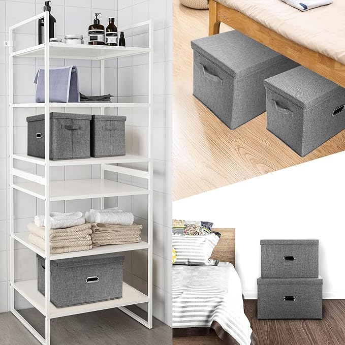 Large Linen Fabric Foldable Storage Bins with Removable Lid and Handles, Washable Storage Box Organizer Containers Baskets Cube with Cover for Bedroom,Office(Black, Large)