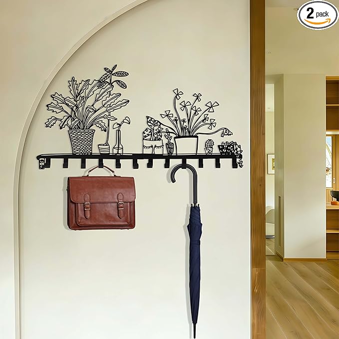 Black Large Metal Rack Wall Mount, Decorative Wall Hanger with 12 Hooks for Coat, Hat, Bag, Car Key, Unique Wall Hooks for Entryway, Front Door, Bathroom, Kitchen, Office, Home Organization